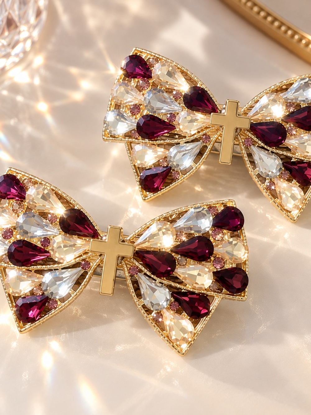 Glam Jeweled Bow Hair Clips Gold Cross Set of 2